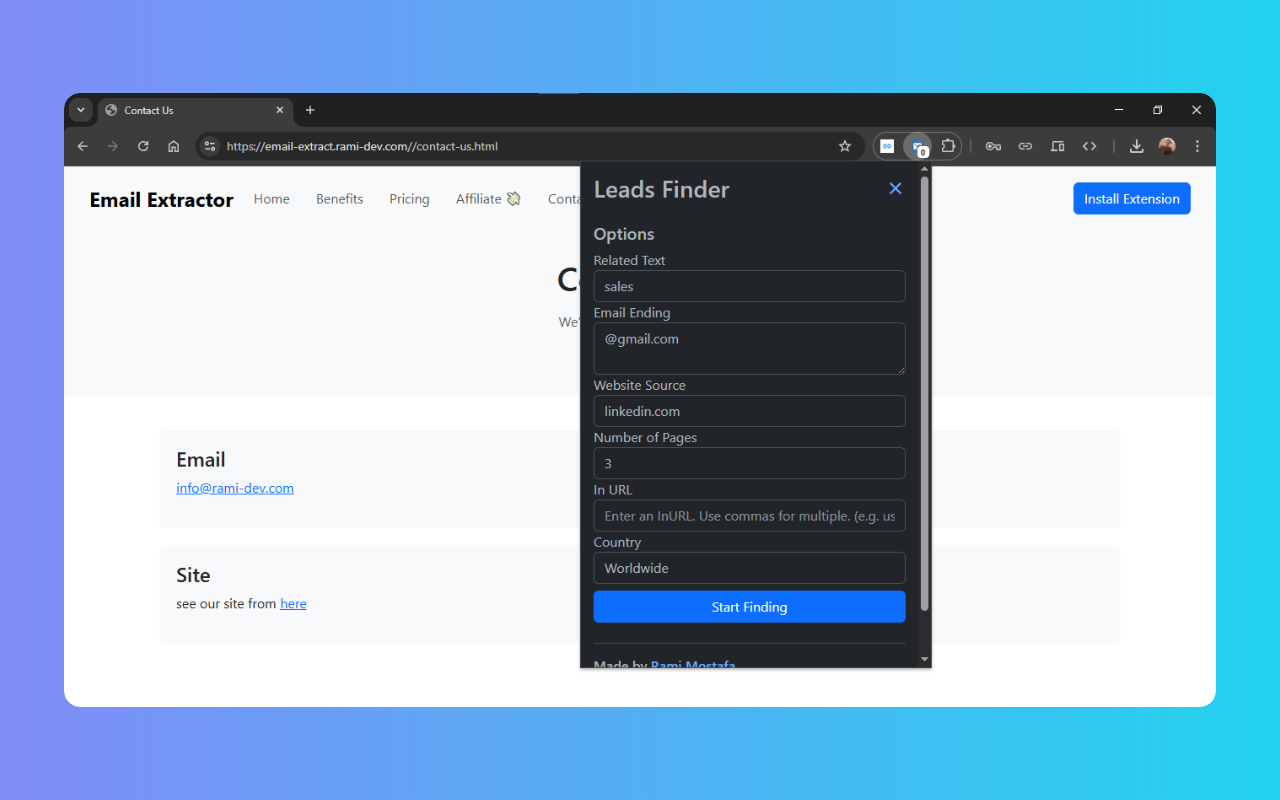 screenshot of Email eXtract